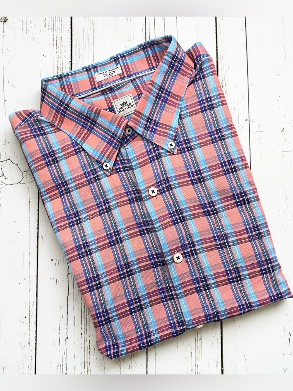 Peter Millar Plaid Button Down Shirt 2XL Long Sleeve Cotton Orange Purple Preppy